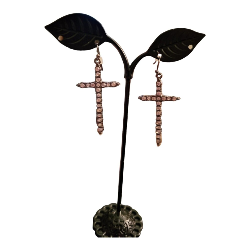Gunmetal Gray Crystal Rhinestone Cross Dangle Hook Earrings 1.5 "